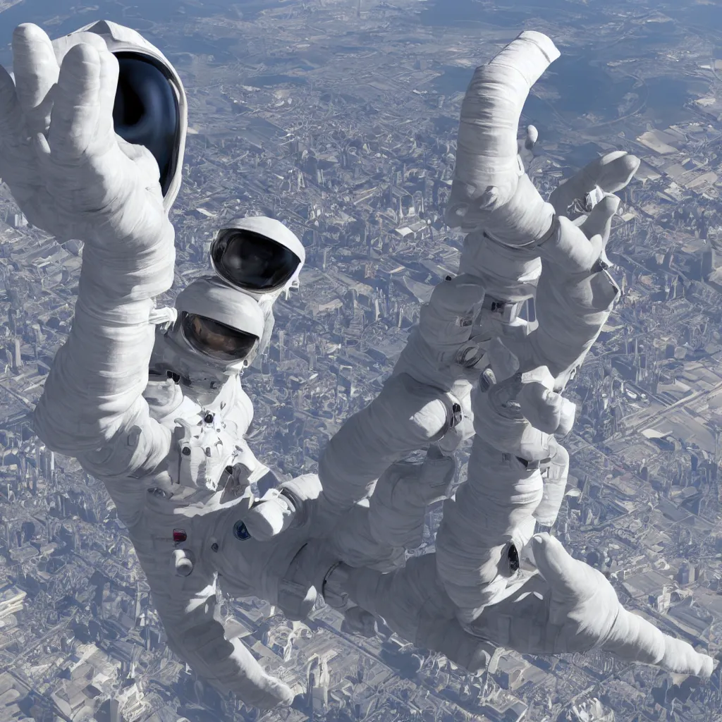 Image similar to illustration of a giant hand placing a life - sized grey plastic sculpture of an astronaut atop a building