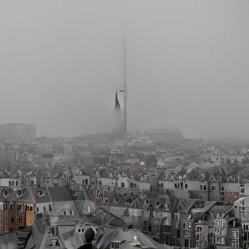 Image similar to the infinite spire stretches endlessly from the mist. stacks of jumbled buildings make up the impossible rainbow architecture.