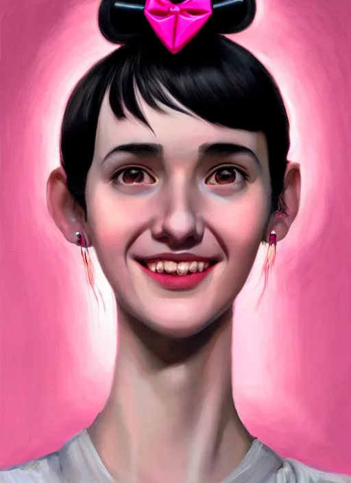 Image similar to portrait of high school girl, realistic, black hair, bangs, half updo hairstyle, pointy nose, skinny, smile, ugly, defined jawline, big chin, pink hair bow, earrings, intricate, elegant, glowing lights, highly detailed, digital painting, artstation, sharp focus, illustration, art by wlop, mars ravelo and greg rutkowski