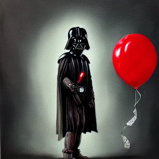 Image similar to grunge painting of darth vader with a wide smile and a red balloon by chris leib, loony toons style, pennywise style, corpse bride style, horror theme, detailed, elegant, intricate