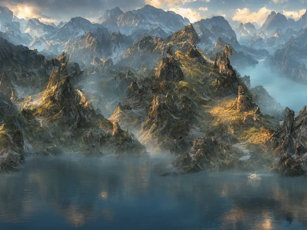 Prompt: a epic view of a mountainous lake, concept art, trending on, very detailed, unreal engine, 4 k, photoreal, volumetric lighting, light rays, epic composition, warm colors