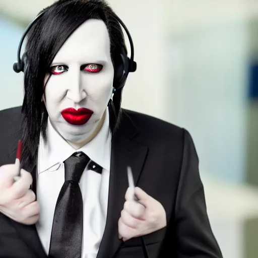 Prompt: Marilyn Manson, wearing office attire, working in a call center, portrait photography, bokeh, depth of field, 4k