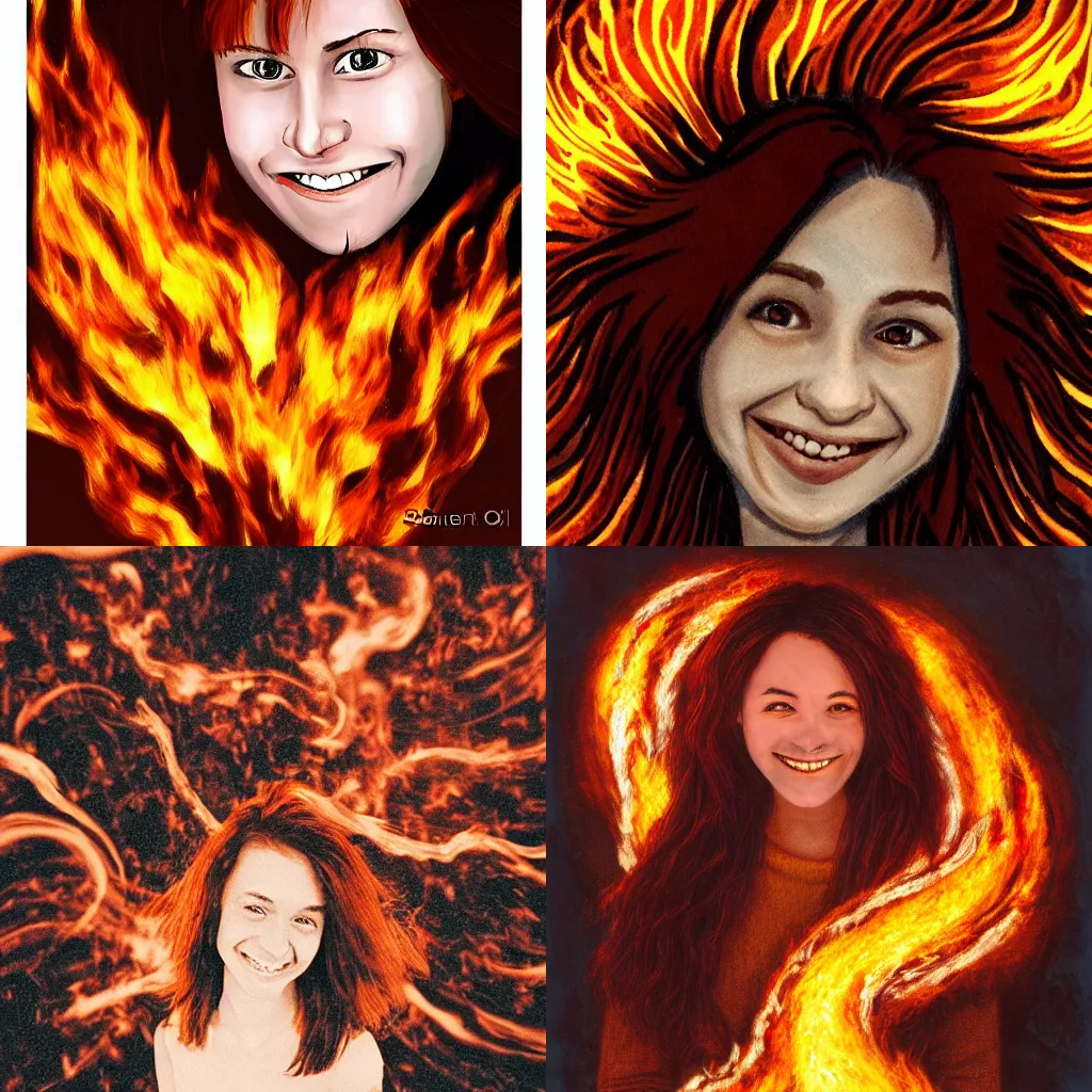 Prompt: a choppy red haired brown eyed teenage girl surrounded by rings of flames and wisps of fire smiling maliciously. By Quentin de Warren