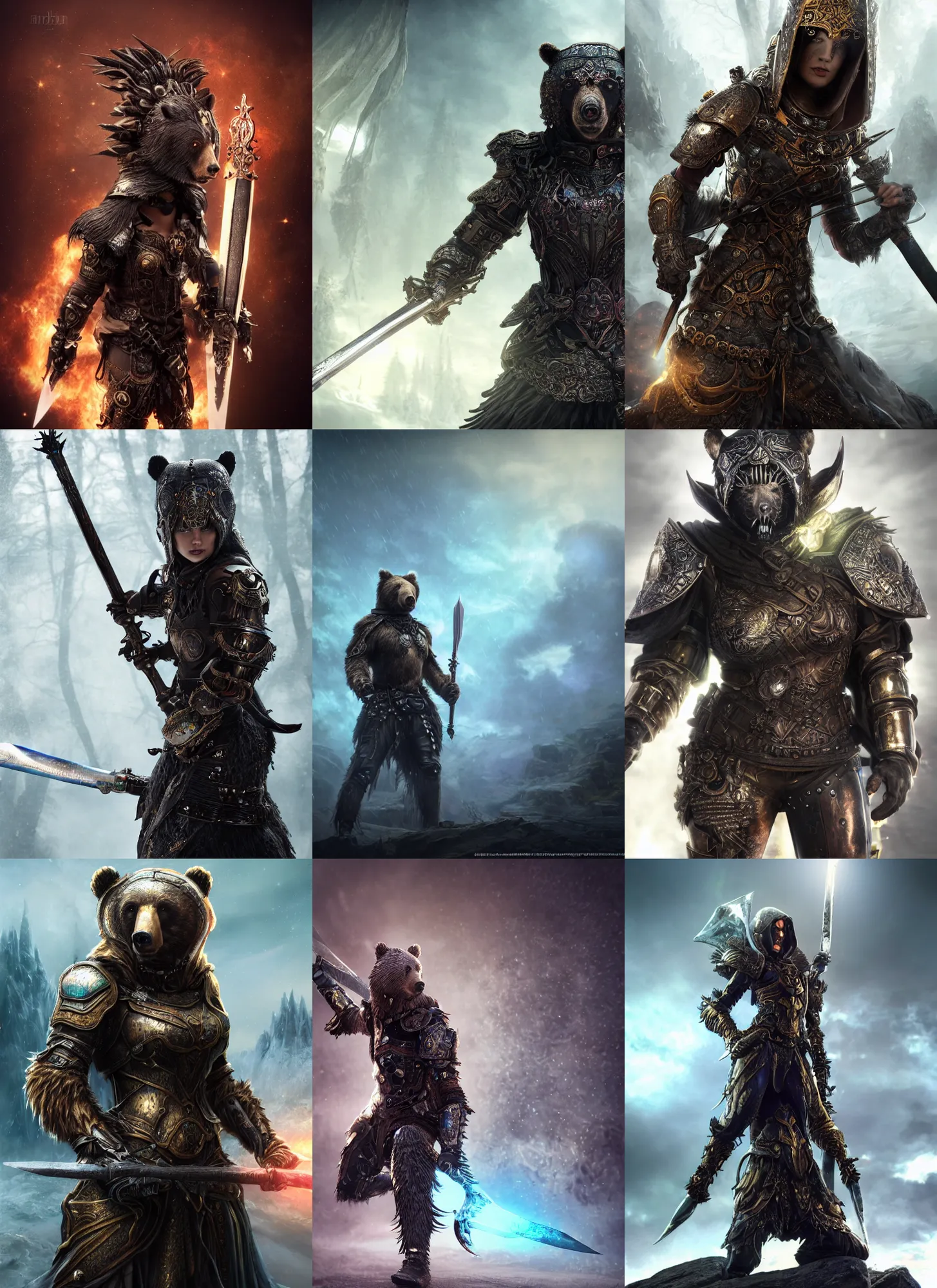 Prompt: bear warrior Super realistic 8K render of a dark hooded powerful elegant elite wearing iridescent steampunk armor brandishing a celestial sword, extremely detailed, iridescent, high quality, epic, futuristic, octane render, beautiful, shimmering, deity Leesha Hannigan, Ross Tran, Thierry Doizon, Kai Carpenter, Ignacio Fernández Ríos