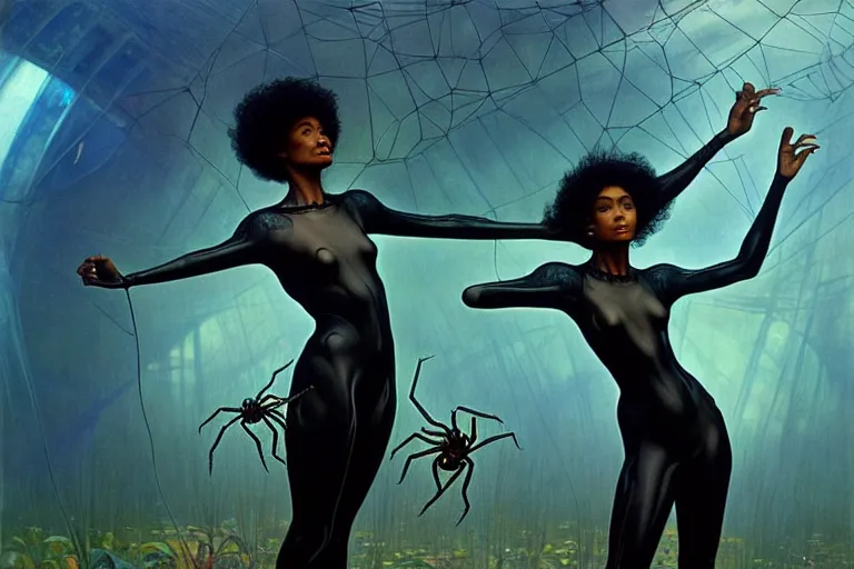 Prompt: realistic detailed portrait movie shot of a beautiful black woman in a transparent sheer suit raincoat dancing with a giant spider, futuristic sci fi landscape background by denis villeneuve, jean delville, monia merlo, ernst haeckel, alphonse mucha, max ernst, caravaggio, roger dean, sci fi necklace, masterpiece, dreamy, rich moody colours