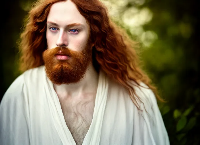 Image similar to portrait photography of a beautiful man how pre-Raphaelites beauty type in style of Nicolas False, britt marling style 3/4 , he has a short beard, ginger hair, beautiful ethereal lace white robes, 8K, soft light, volumetric lighting, highly detailed Realistic, Refined, Highly Detailed, natural outdoor soft pastel lighting colors scheme, outdoor fine art photography