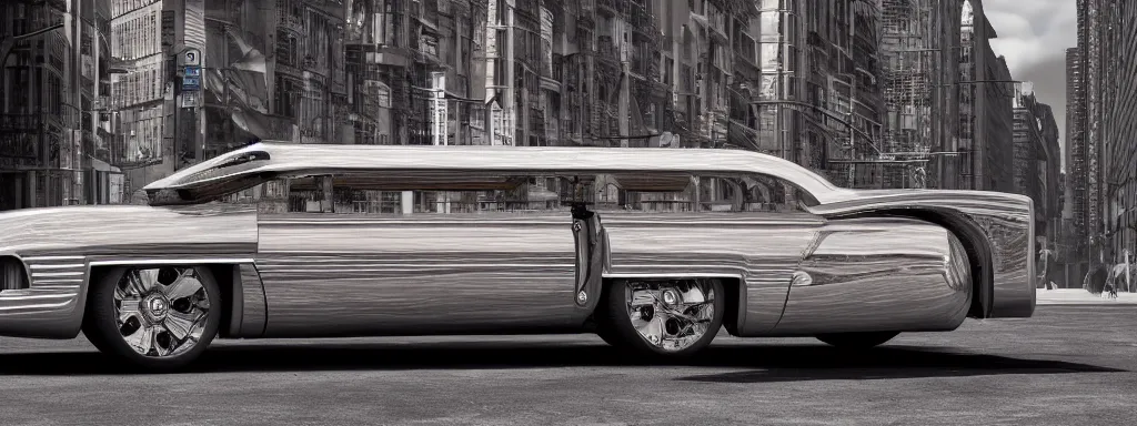 Image similar to A futuristic 50's style hearse on a manhattan street, beautiful, detailed, intricate, insanely detailed, 3D render digital art, octane render, 8K, photorealistic digital art, realistic volumetric lighting