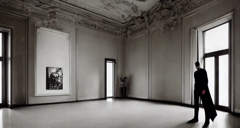 Image similar to Batman standing in giant Italian modern castle living room, clean minimalist design, that is 1300 feet tall, with very tall giant walls filled with modern art paintings, doors that are cosmic portals, photo by Annie Leibovitz