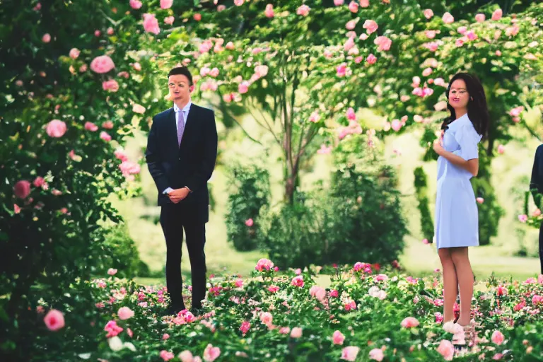 Prompt: young beautiful female president alone in the rose garden with her two boyfriends, professional photo, dslr, bokeh, romantic