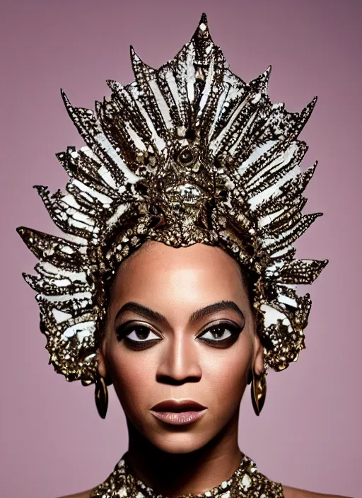 Image similar to photo of beyonce styled by nick knight posing, intricate headpiece, showstudio, face close up, canon, vogue magazine, 2 0 2 0, canon, highly realistic. high resolution. highly detailed. dramatic. 8 k. 4 k.