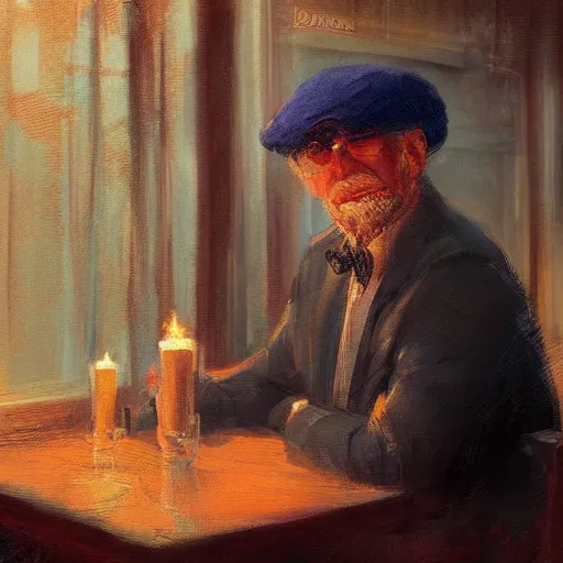Image similar to Portrait of an oldman using a beret siting in a bar, looking to the camera, artwork by Craig Mullins, black background, trending on artstation, its night, with dramatic cinematic candle light