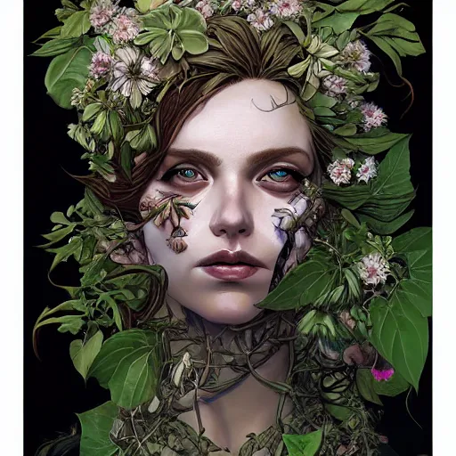 Image similar to a beautiful detailed front view portrait of a rotten woman corpse with plants and fractal flowers growing around, artgerm, joshua middleton comic cover art,