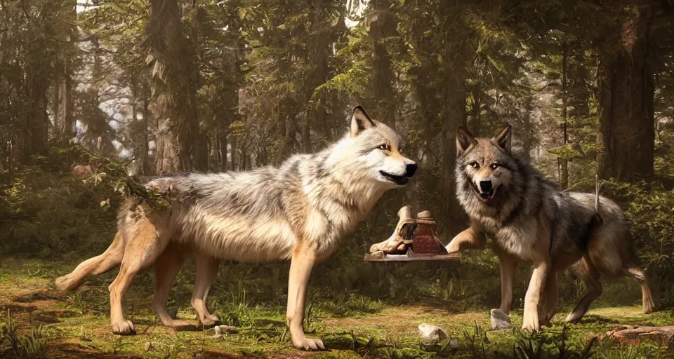 Image similar to wolves and their treasures. fantasy style, ultra realistic, octane render, unreal engine, raytracing, 8 k highly detailed, trending on artstation, illustration, digital painting, highly detailed render by george stubbs