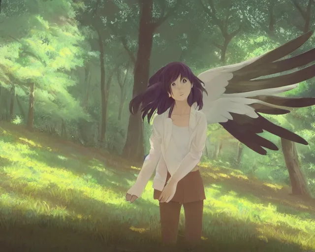 Image similar to a girl with two wings on her back in a forest. By Makoto Shinkai, trending on ArtStation, digital art.