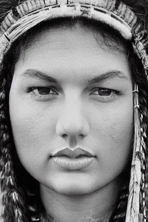 Prompt: Photo of Native American indian woman Taylor Swift, portrait, skilled warrior of the Apache, ancient, realistic, detailed, Taylor Swift