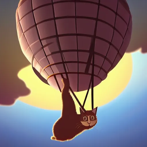 Prompt: Over-the,shoulder shot of a cat sitting in a hot air balloon, sunset time, steampunk tyle, digital art, matte painting, trending on artstation and unreal engine