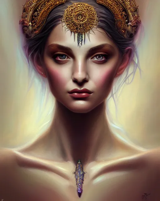Image similar to portrait of beautiful goddess, enigmatic beauty, esoteric, muted colors, head in focus, fantasy art, ornamental aesthetics, intricate, elegant, highly detailed hyperrealistic painting, artstation, concept art, painterly, sharp focus, illustration, art by lois royoi