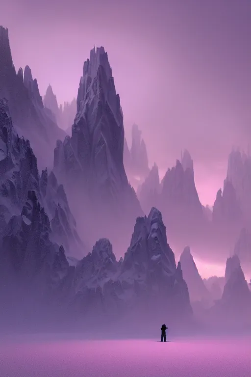 Image similar to futuristic atmosphere in the snowy mountains dolomites 3 d concept art, cinematic lighting, pastel pink sunset, rule of thirds, depth of field, intricate details, building by zaha hadid, stormy weather, emissary space by arthur haas and bruce pennington and john schoenherr, cinematic matte painting, dark moody monochrome colors, trending on artstation, featured on behance