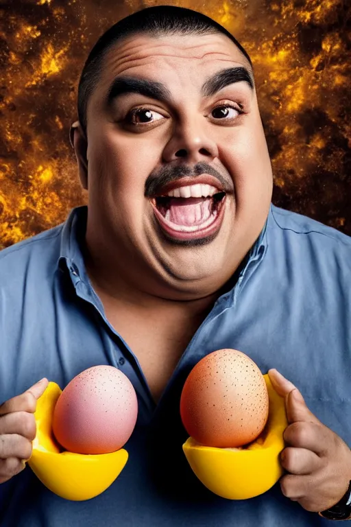 Image similar to 📷 gabriel iglesias the egg 🥚, made of food, head portrait, dynamic lighting, 4 k