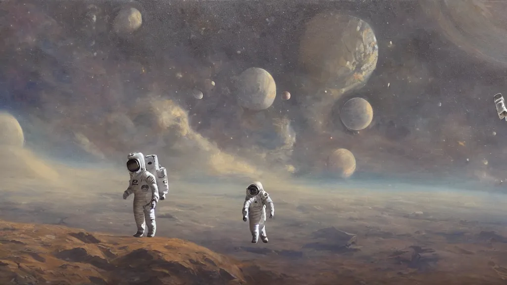 Image similar to an astronaut among goliaths in a landscape, oil on canvas, painting, 4k, wide shot