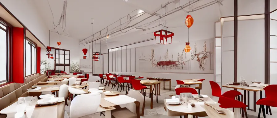 Image similar to a beautiful simple interior render of small roasted string hotpot restaurant restaurant yan'an, wall corner, from china, red paper wall and white tile floor, rectangle white porcelain table, fine simple delicate structure, chinese style, simple composition, simple style structure decoration design, victo ngai, 4 k hd