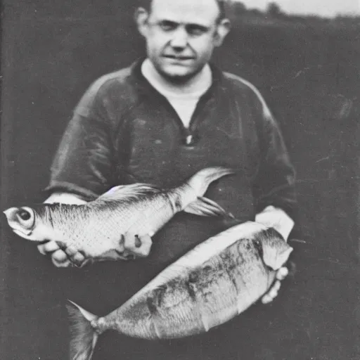 Prompt: sepia photo of prize winning fish catch, but the fish is actually a scallop shell