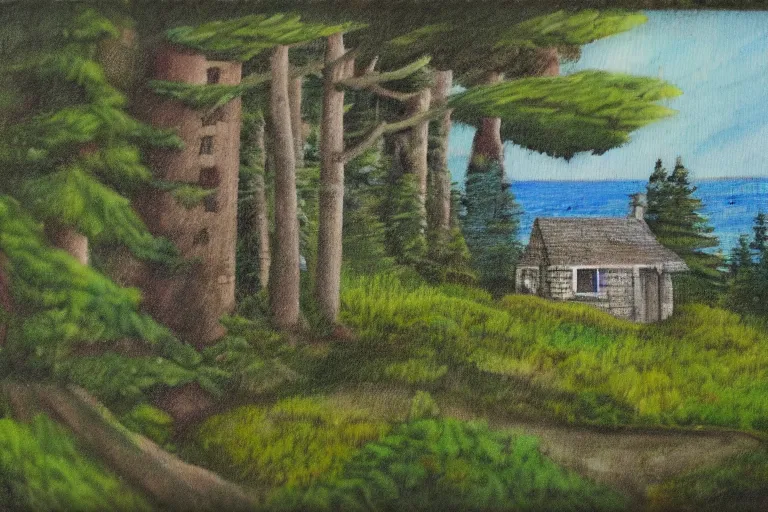 Image similar to animation background of a seaside cottage in Oregon, moss and pines, exaggerated perspective