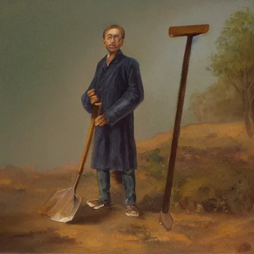 Prompt: A oil painting of a man with a shovel standing next to an open grave, subtle blue, orange, and dark green tones, high quality, high detail,