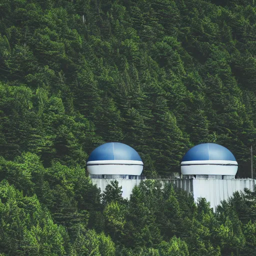 Image similar to sci fi nuclear containment buildings in a steep sided valley with trees, a sense of hope and optimism, birds overhead, stark light, day time, unsplash, national geographic, hd, high res