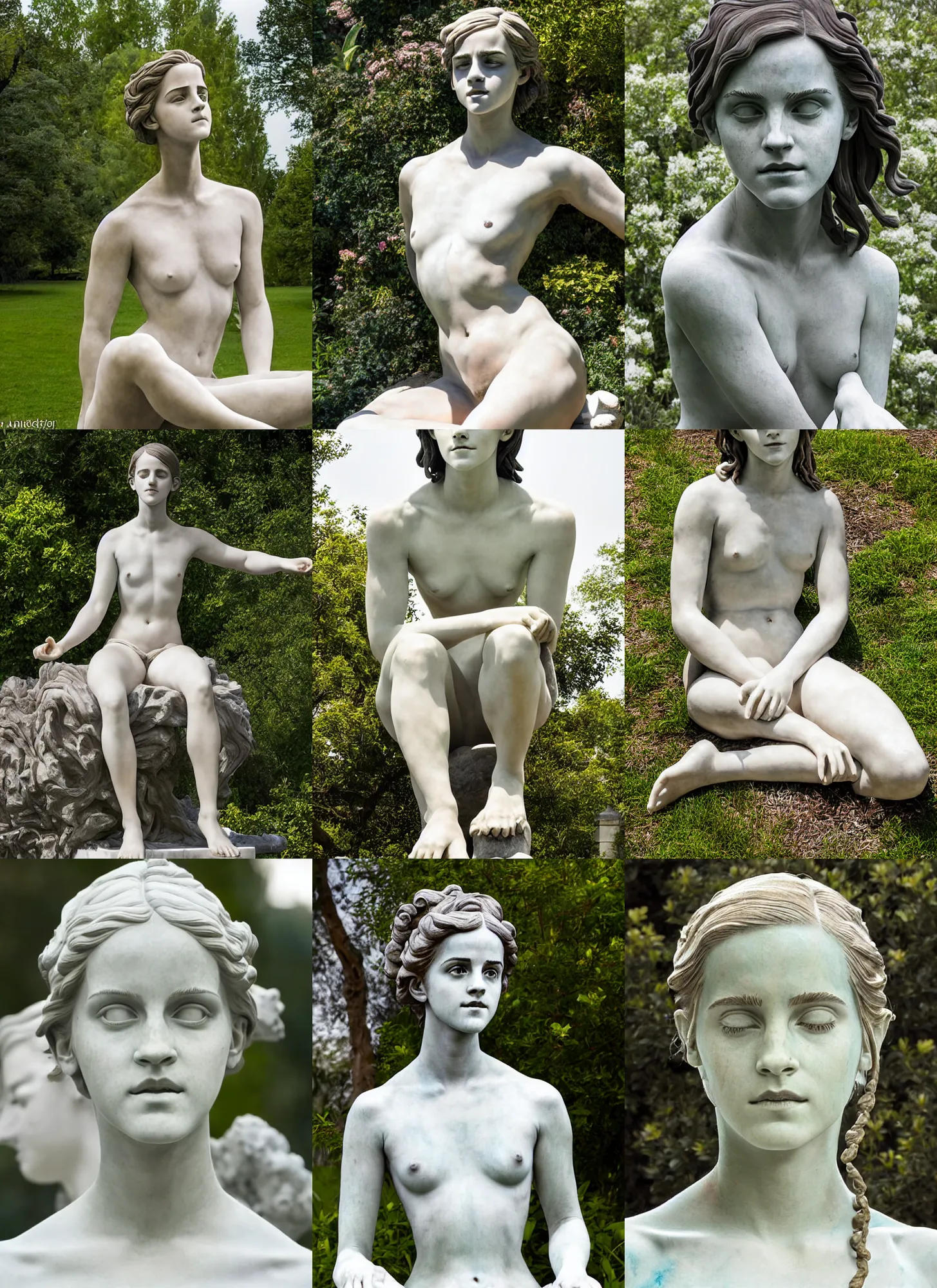 Prompt: sculpture statue of Emma Watson by Jean-Baptiste Carpeaux and Luo Li Rong and Michael James Talbot, all body, peacefully meditation pose sitting in the garden, perfect symmetrical face, psychedelic, bodypaint, colored, white marble, in full growth, elegant, realistic, 8K, female full-skin figure, hyperrealism, subsurface scattering, raytracing, rim light, Octane Render, Redshift, Zbrush