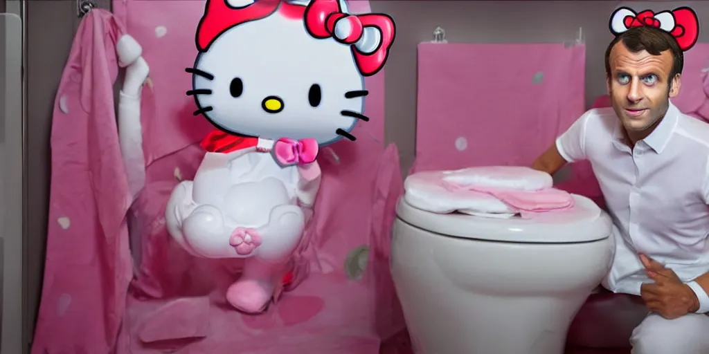 Image similar to picture of emmanuel macron on a toilet, dressed in a hello kitty pajamas, photorealistic, higly detailed, 8 k