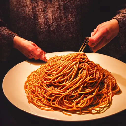 Image similar to portrait shot of a humanoid bowl of spaghetti, intricate details and dramatic lighting