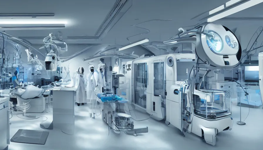 Image similar to ai machines experiment with human surgeries, future, laboratory in the year 2 1 2 1, shiny glossy white machines 8 k /