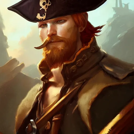 Prompt: handsome charming ginger rogue with long slender pointed ears, wearing a tricorne pirate captain hat, naval background, full body portrait, stunning award-winning art by Greg Rutkowski