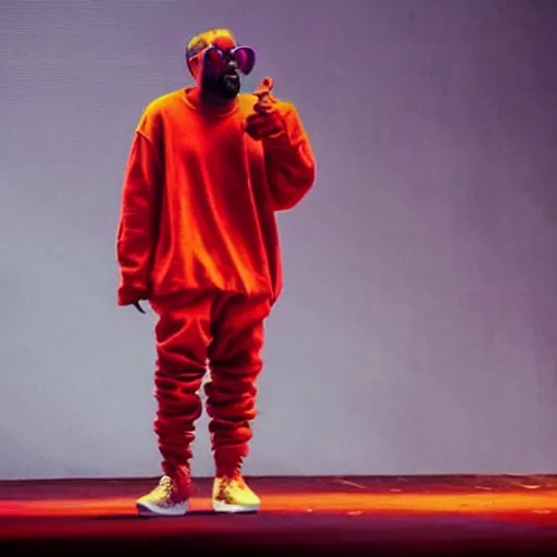 Image similar to Kanye west dressed up as a clown, kanye 🤡, funny, kanye west the rapper on stage, rtx on, real life visuals, high detail, cinematic view