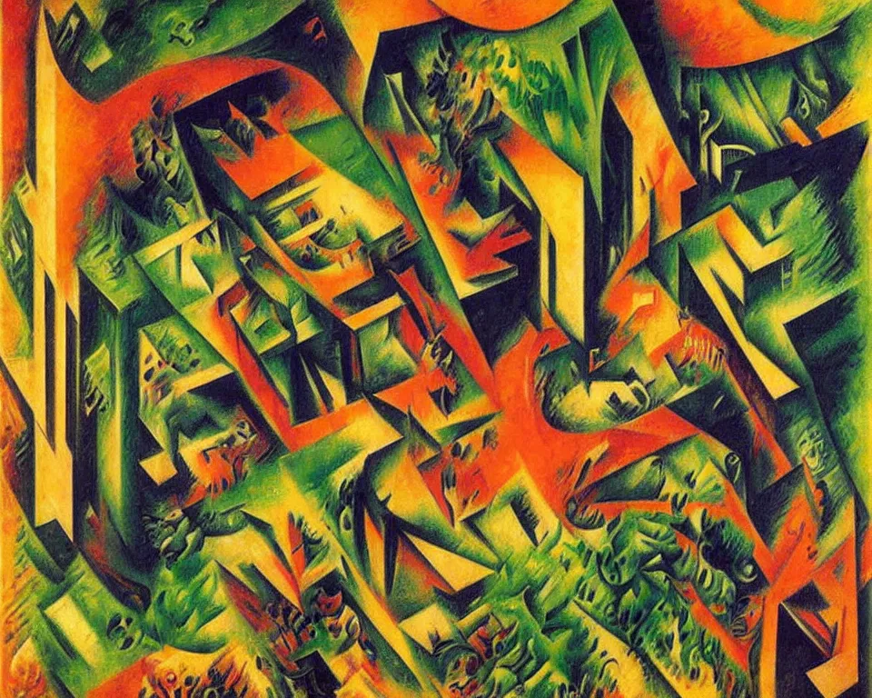 Image similar to abstract bookshelf in the rainforest by umberto boccioni. detailed, proportional, romantic, enchanting, achingly beautiful, graphic print, trending on artstation, jungle, tropical, foliage