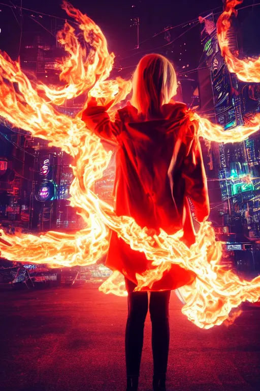 Image similar to young blonde woman from behind with flames dancing on her hands with a long jacket in a cyberpunk city, realistic, high definition, 4K, shimmering color, art of invincible