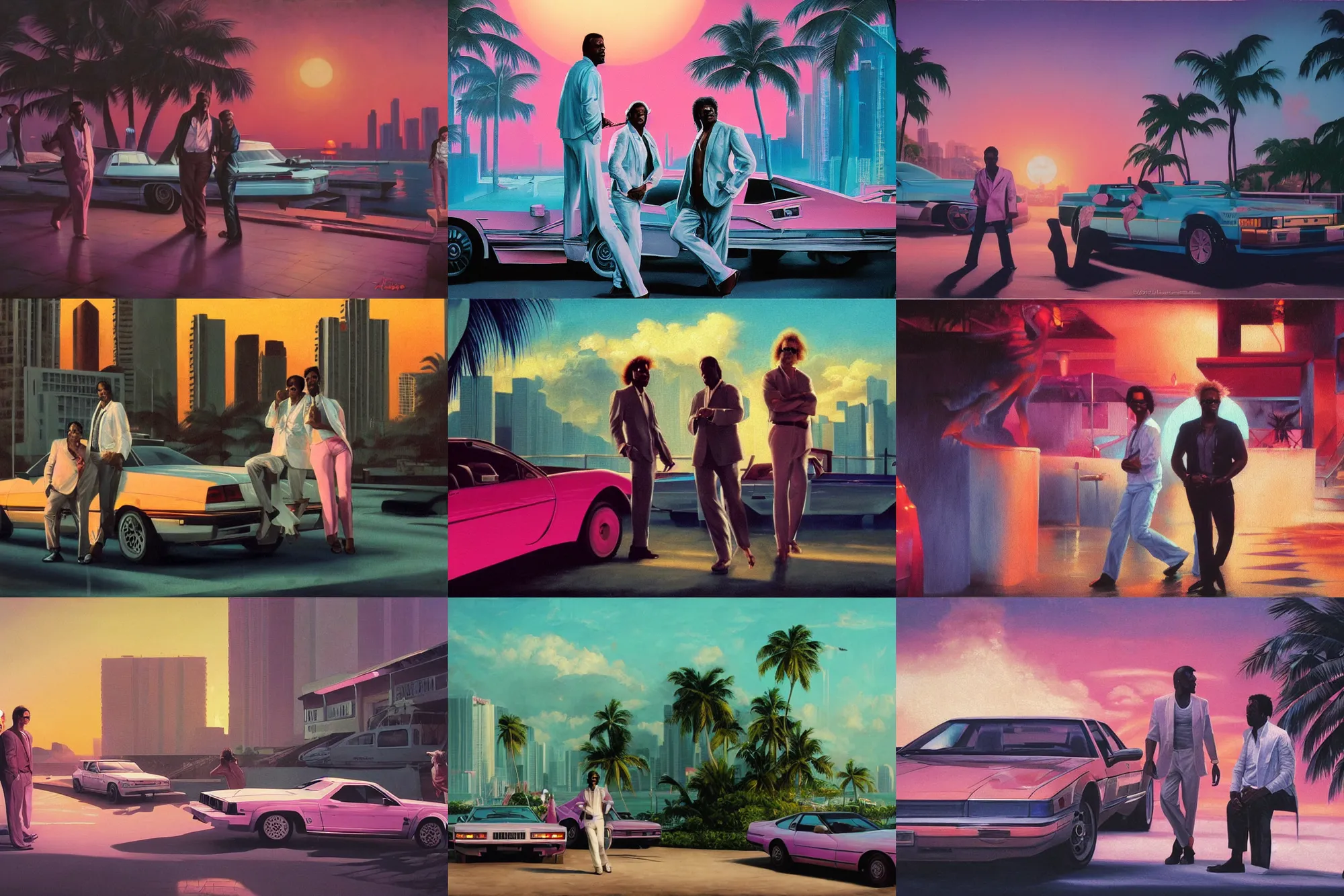 Prompt: an oil painting of crockett and tubbs, eighties miami vice, southbeach nightclub, ultra realistic, highly detailed, sunset, masterpiece, cinematic by greg rutkowski, frank frazetta, beeple, christian macnevin, beeple, wlop, krenz cushart, epic fantasy character art, volumetric lighting, cgsociety, pink and teal