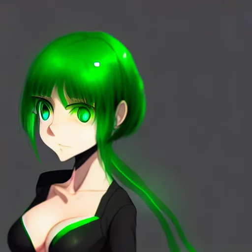 Prompt: a woman with dark green hair and glowing green eyes, anime, artstation, trending on artstation
