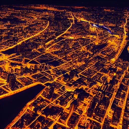 Prompt: an aerial view of a city at night, instagram contest winner, maximalism, glowing lights, vivid colors, circuitry