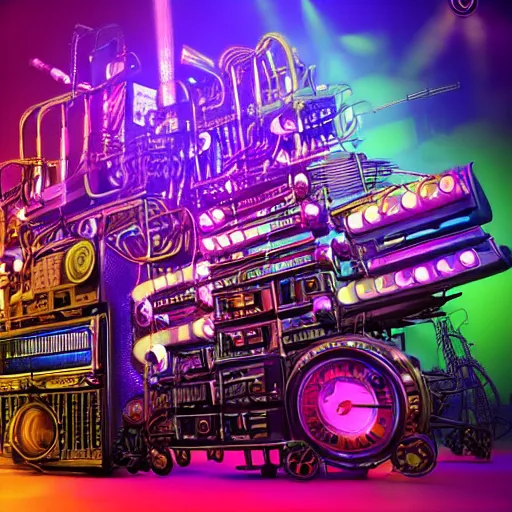 Prompt: cover art, album is called tripmachine, tripmachine, photo of a huge steampunk machinery with guitars and drums and pianos, connected with glowing tubes 8 k, fluorescent colors, halluzinogenic, multicolored, exaggerated detailed, front shot, 3 d render, octane