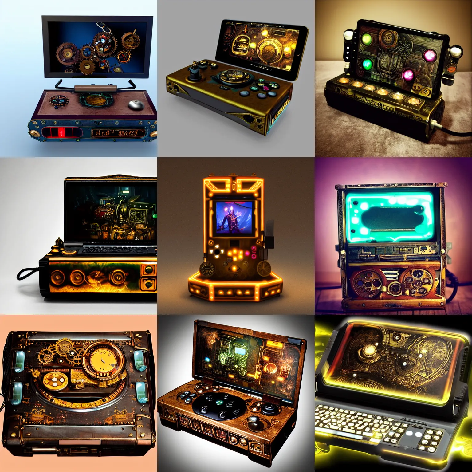 Prompt: steampunk gaming console, digital art, product photo, display glowing