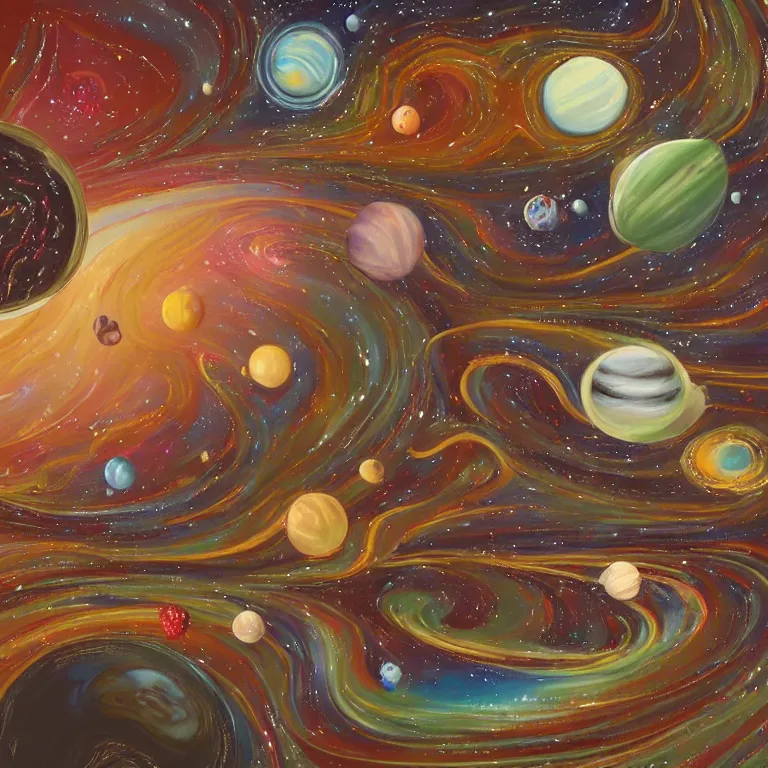 Prompt: a beautiful painting of a space and cosmic places like ganache, planets like a whipped frosting or filling made with semisweet chocolate and cream, used for cakes, pastries, and candies, highly detailed