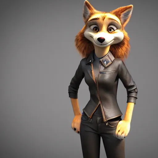 Prompt: portrait, 3d render , anthropomorphic female wolf , wearing a long leather jacket , in the style of Zootopia