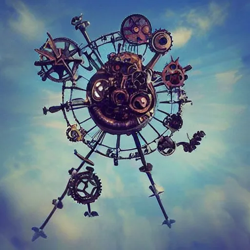 Prompt: flying city in a mechanical flower flower flower flower, sky, steampunk!!!, fantasy art, steampunk, masterpiece, octane