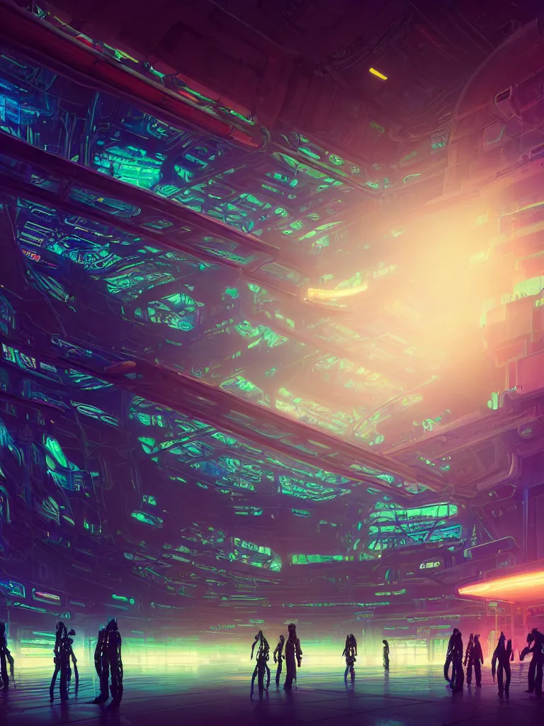 Image similar to the interior of a celestial spaceship cyberpunk hangar in a bioluminescent walls decorated beautifully, lots of cyberpunk design elements like humanoids and mecha robots, warm sunlight shining in, lots of cables and neon signs, concept art 8 k resolution, fantasy illustration, sharp focus, detailed painting, deep color, volumetric lighting, crepuscular rays