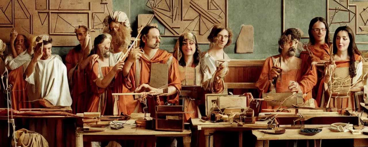 Prompt: ancient greek mathematician discovering geometry with spaghetti kodachrome, in the style of wes anderson, retro