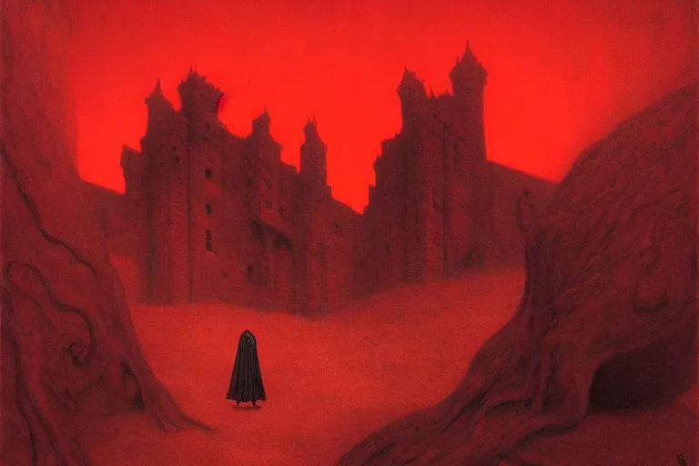 Image similar to only with red, in a red dream world, a crimson tiger, a castle in the background, medieval demons, in the style of beksinski, part by hopper, part by rodcenko, part by hofbauer, intricate composition, red by caravaggio, insanely quality, highly detailed, masterpiece, red light, artstation