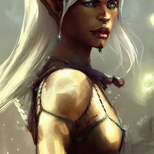 Image similar to closeup portrait of a drow elf, dungeons and dragons character, castle background, gorgeous view, realistic, high detail, digital art, painted by greg rutkowski, painted by jeremy mann, trending on artstation