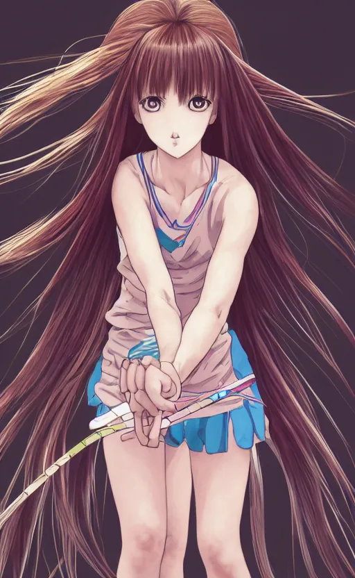 Image similar to badminton girl player, trading card front, anime style, long hair, hair down, symmetrical facial features, hanebado, hyper realistic, pale skin, 4 k, rule of thirds, extreme detail, detailed drawing, trending artstation, hd, sport, d & d, realistic lighting, by alphonse mucha, greg rutkowski, sharp focus, backlit